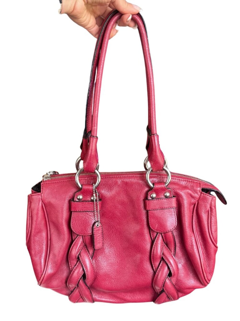 Danier Genuine Leather Y2K Raspberry Red Shoulder Bag Braided Detail EUC